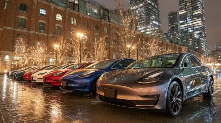 Teslas standing in a row during the night in front of a well lit building
